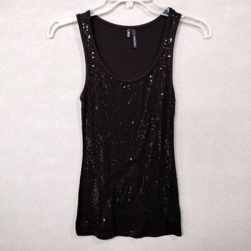 Maurices Womens XS Sequin Front Tank Top Black Rayon Spandex Barbiecore Sparkly
